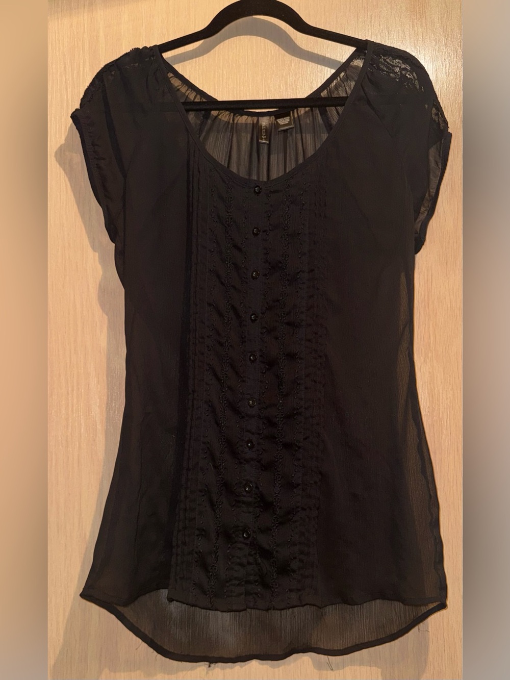 Full Tilt Black Sheer Button-Front Blouse with Lace Shoulders